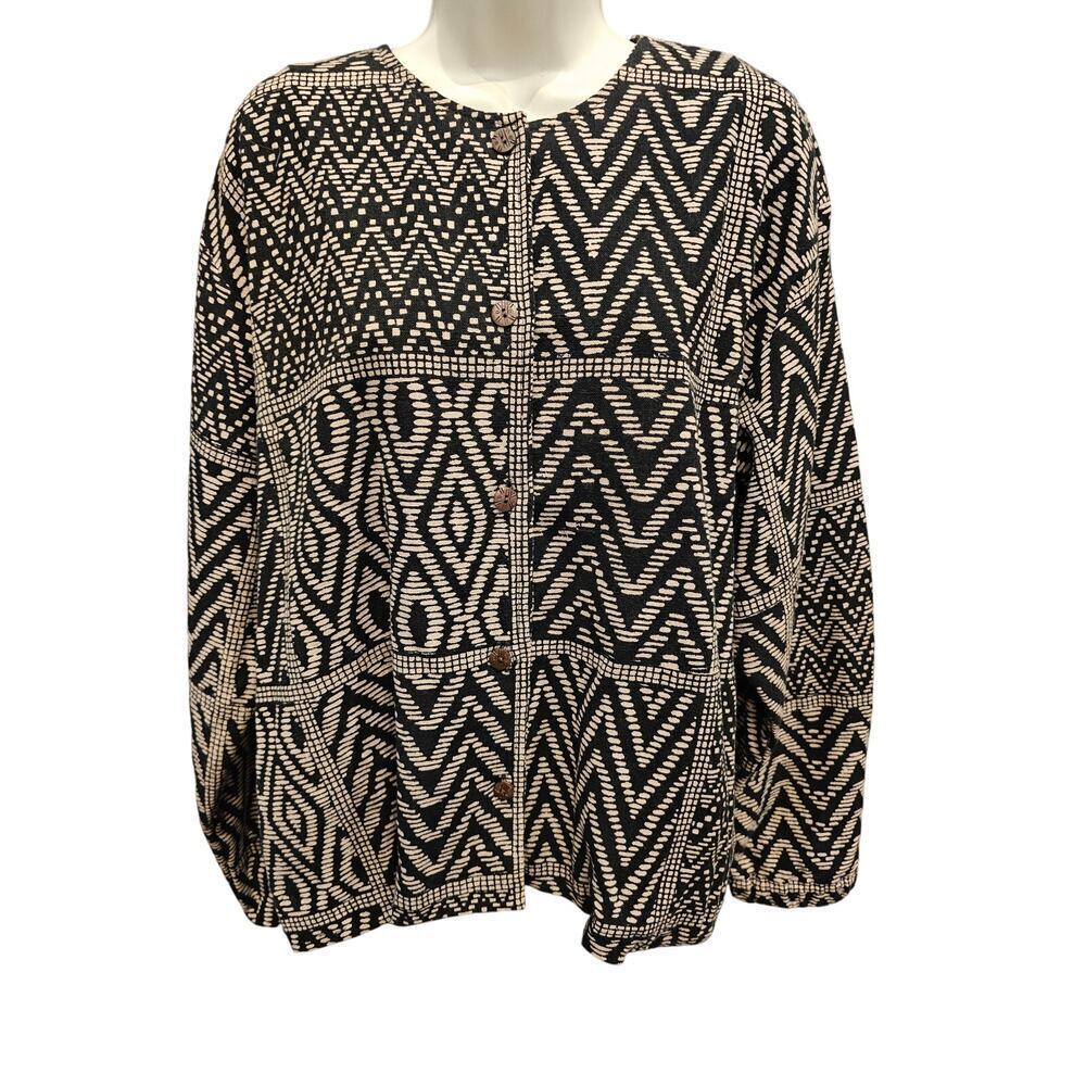 Chicos large coatigan heavy twill cotton button front brown black Aztec EUC L - Picture 1 of 8